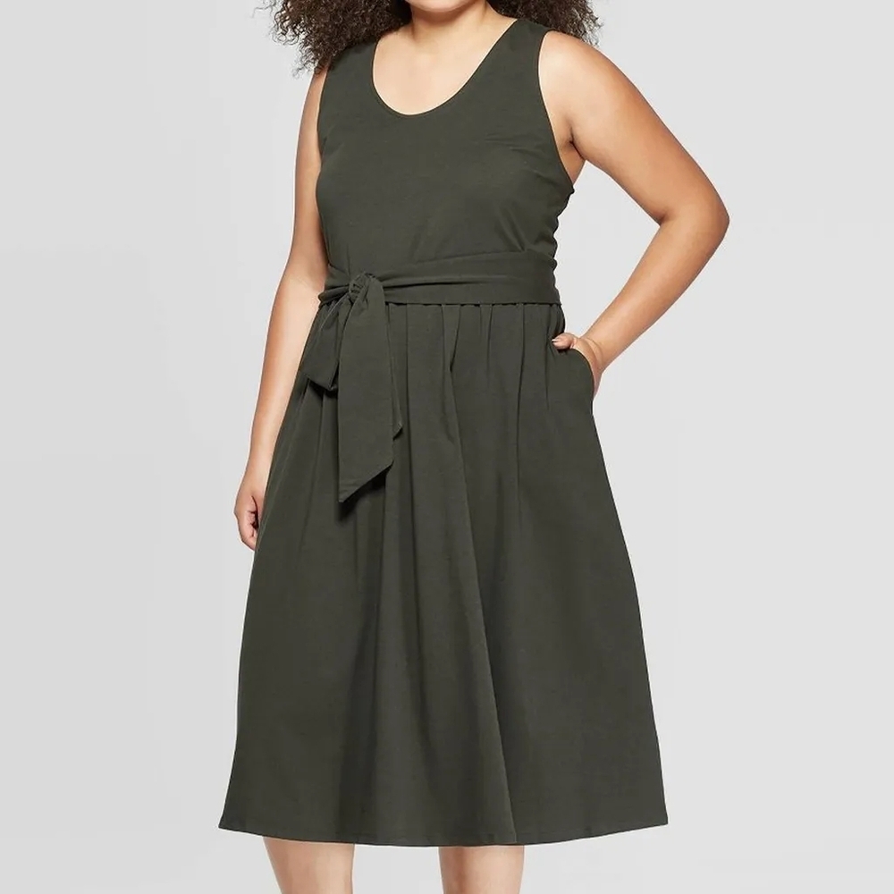 Whowhatwear Sleeveless U-Neck Wrap Waist Tank A-Line Midi Dress